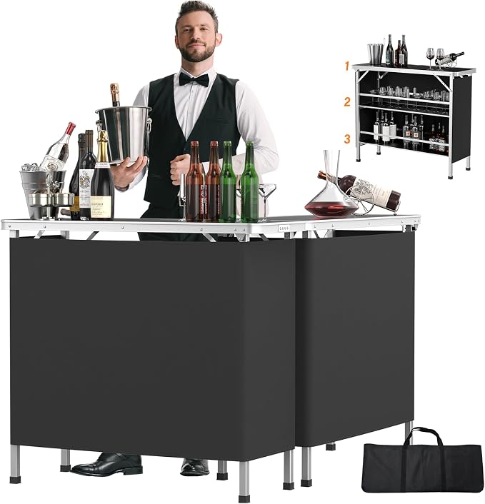 VINGLI 43" Portable Bar Table, 3-Tier Shelves, Mobile Bar Table by VINGLI