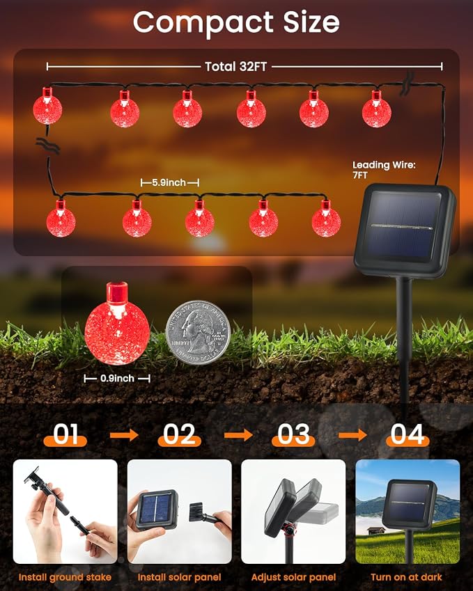 2-Pack 100 LED Red Solar String Lights Outdoor - 64FT Crystal Globe Waterproof - Image 2