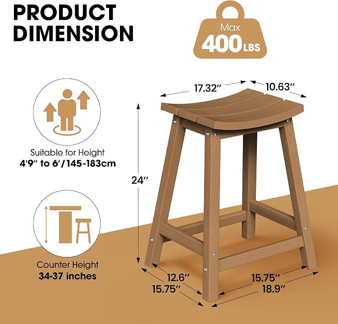 Ciokea 2 Set 24" Outdoor Bar Stools Heavy Duty HDPE Counter Height Bar Stools - Image 2
