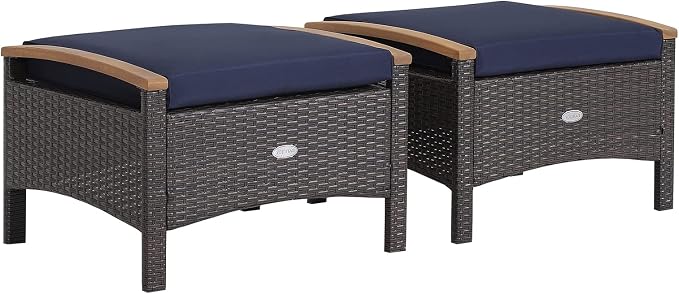 Tangkula 2 Piece Patio Rattan Ottomans, Outdoor Wicker Footstool w/Acacia Wood by TANGKULA