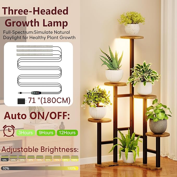 Corner Plant Stand Indoor with Grow Lights, 6 Tiered Corner Plant Shelf Flower - Image 4