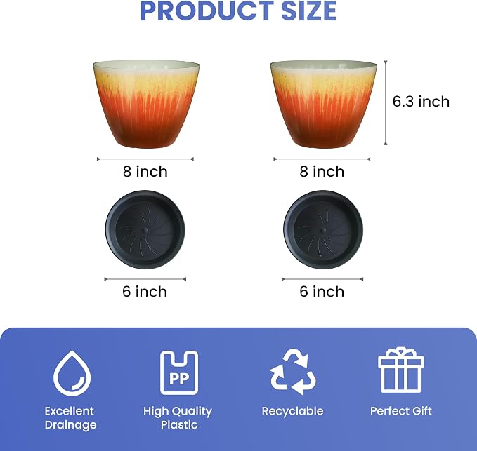 8 inch Plant Pots Pack of 2, Plastic Flower Pots Flower Pots, Modern Glossy - Image 2