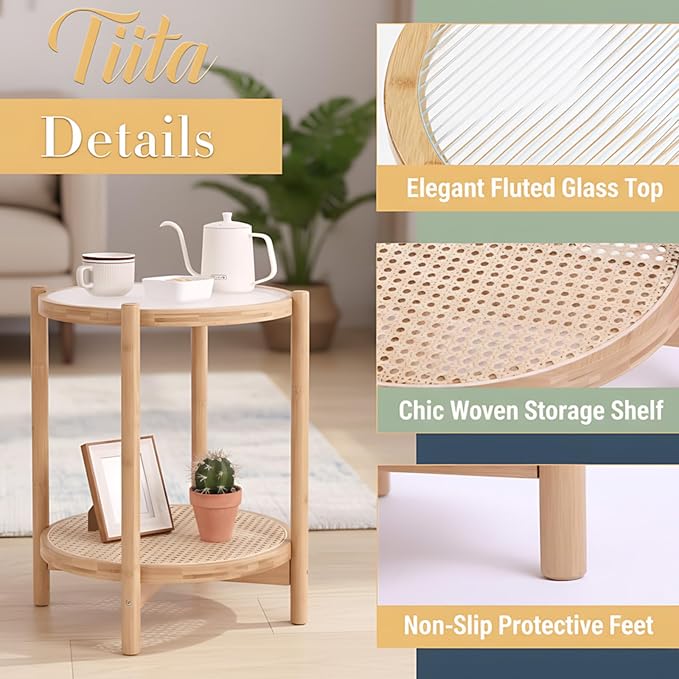 Tiita Rattan Nightstand Side Table, Bamboo Accent Bedside Tables, Glass Coffee - Image 3