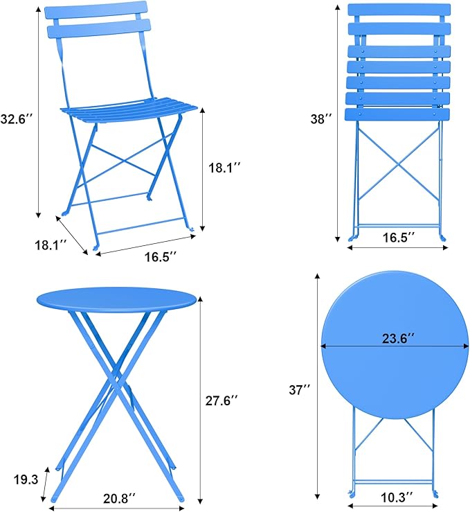 Bistro Table and Chairs Set of 2, 3 Piece Outdoor/Indoor Folding Patio Bistro - Image 3