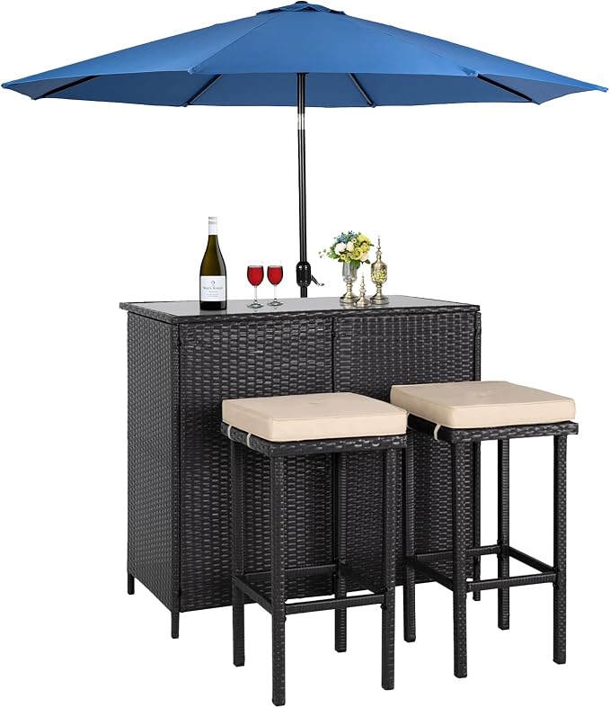 Crownland 3-Piece Wicker Outdoor Furniture Bar Set, 2 Stools and 1 Glass Top by Crownland
