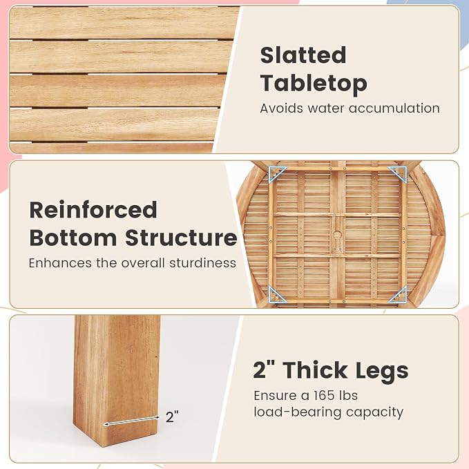 Tangkula 5 Pieces Wood Round Patio Dining Set, Outdoor Acacia Table and Chairs - Image 5