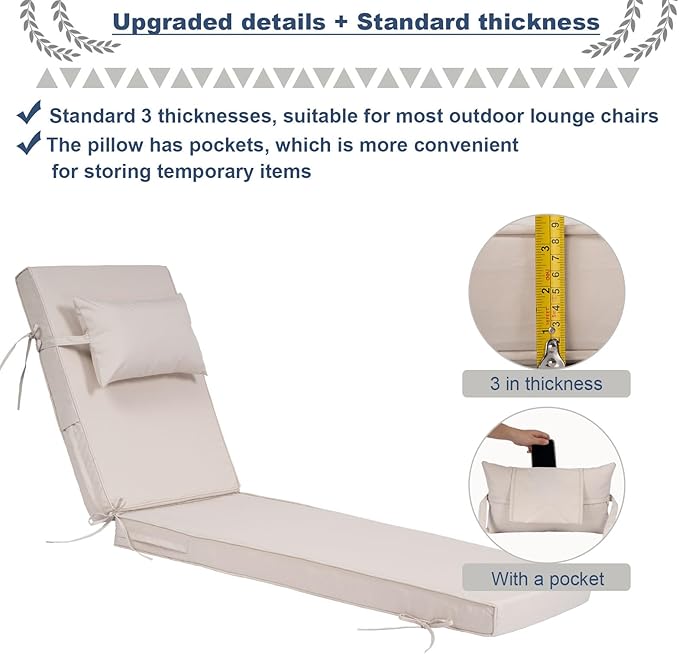 Outdoor Chaise Lounge Cushions Set of 2, Waterproof Fade Resistant Patio - Image 2