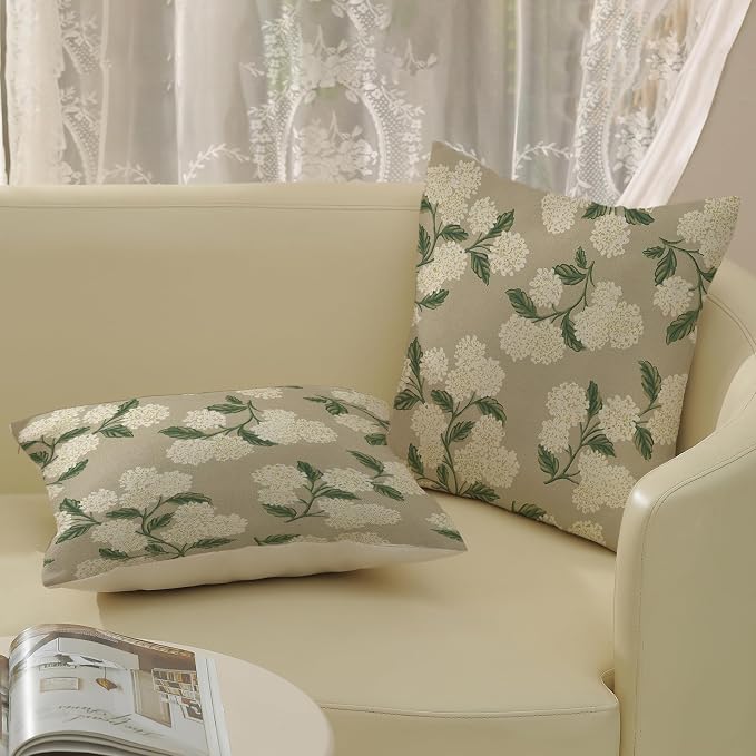Beige Spring Pillow Covers 20x20 Inch 2 Pcs Khaki Green Hydrangea Flower Decor - Image 4