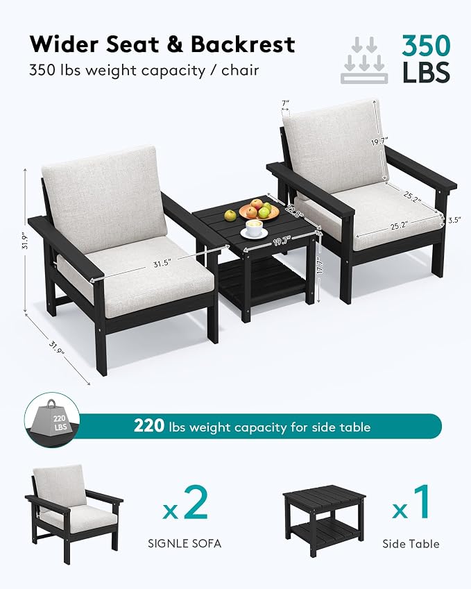SERWALL HDPE Patio Sofa Set, 3-piece Sectional Outdoor Furniture Set, All - Image 2