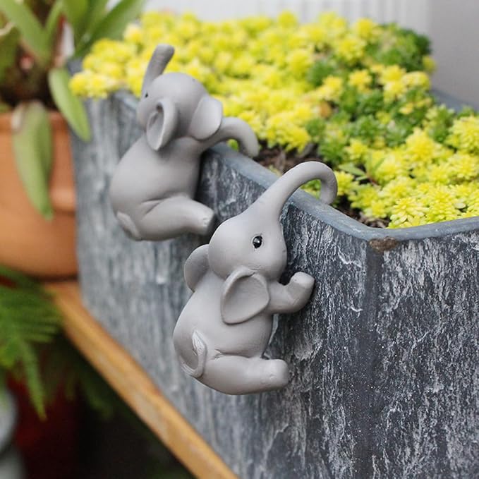 Set of 2 Cute Climbing Elephant Statues Flower Pot Hugger, Resin Hanging - Image 2