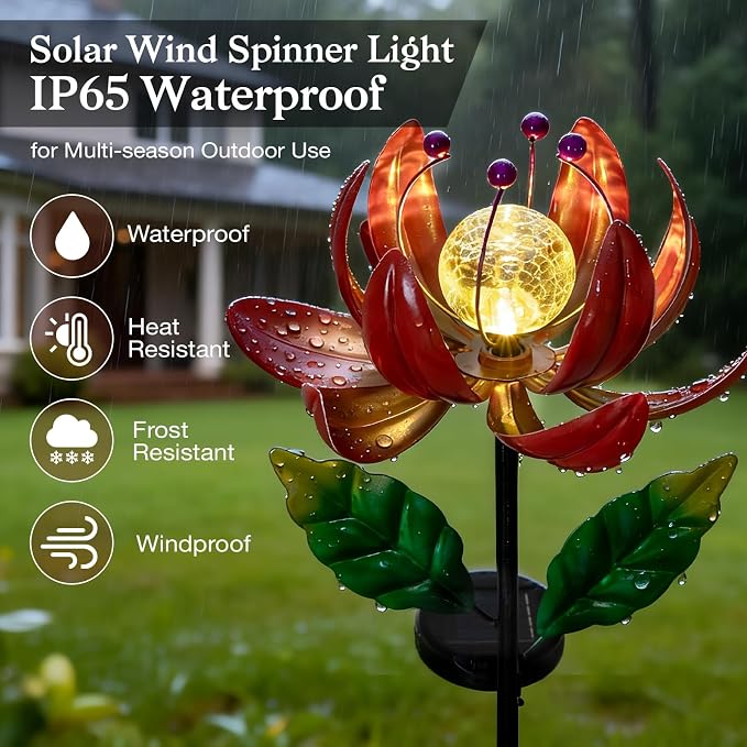 Solar Lights Outdoor Wind Spinners, Metal Lotus Flower Garden Decor - Image 6