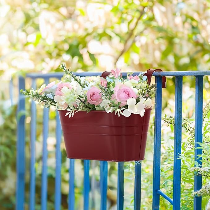 3 Pack Metal Railing Planters, 10.5" Oval Hanging Flower Pots - Image 7