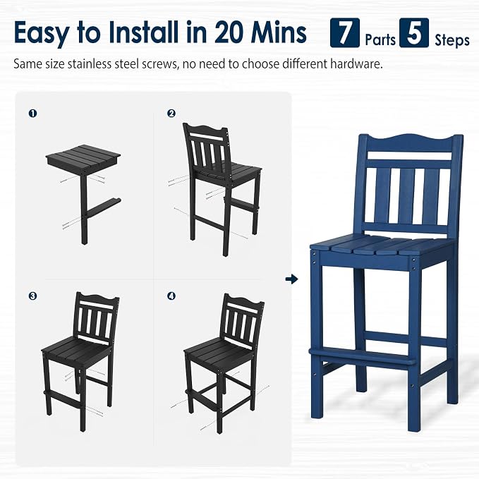 nalone Outdoor Bar Chairs and Table Set, HDPE Balcony Adirondack Chairs and - Image 6