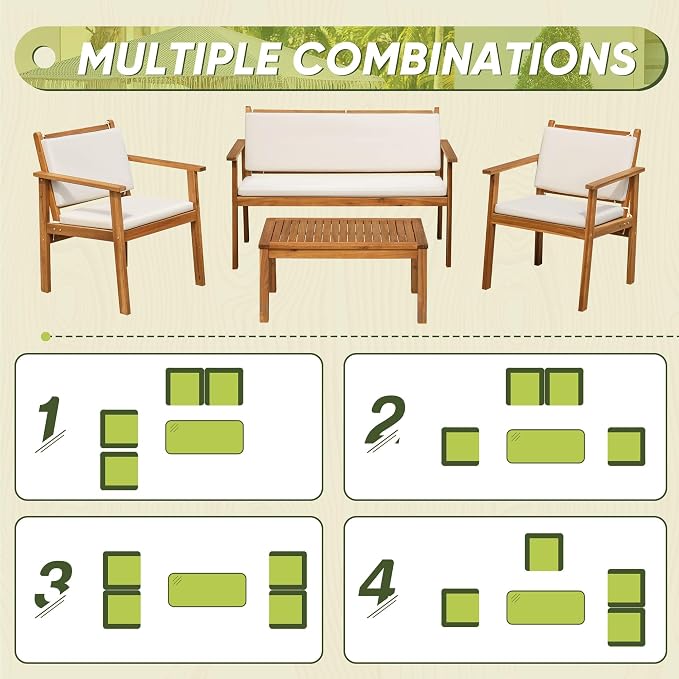 Flamaker Patio Furniture 4 Piece Outdoor Acacia Wood Patio Conversation Sofa Set - Image 5