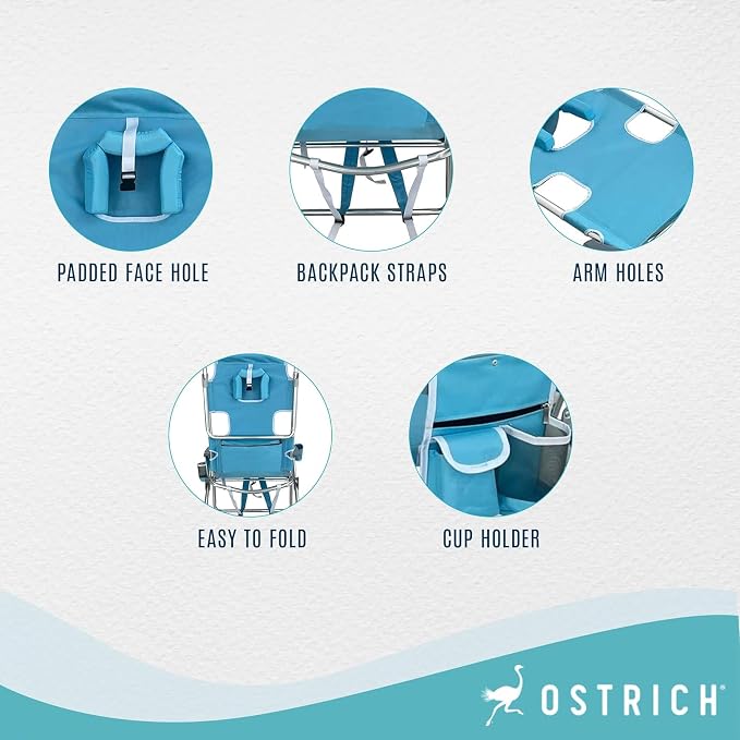 Ostrich Deluxe 3N1 Padded Beach Chair w/Face Cushion & Arm Holes, Light Blue - Image 4