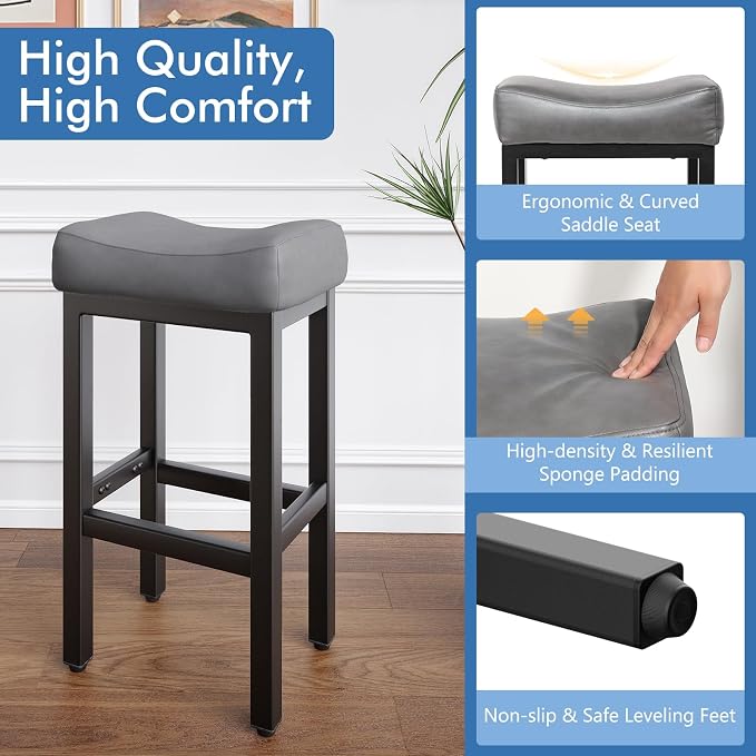 29 Inch Bar Height Bar Stools Set of 2, Backless Bonded Leather Bar Height - Image 3