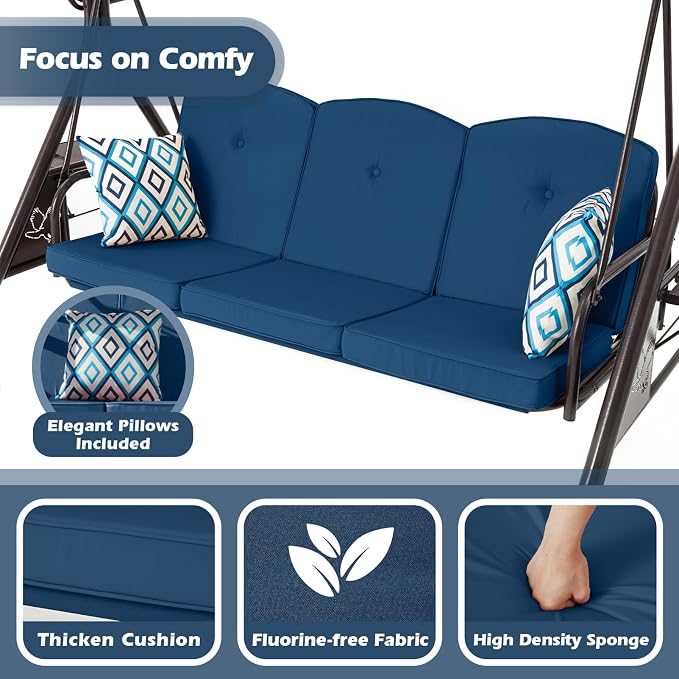800LBS Patio Swing with Canopy 3 Seat Outdoor Porch Swing with Stand w/Cup - Image 4