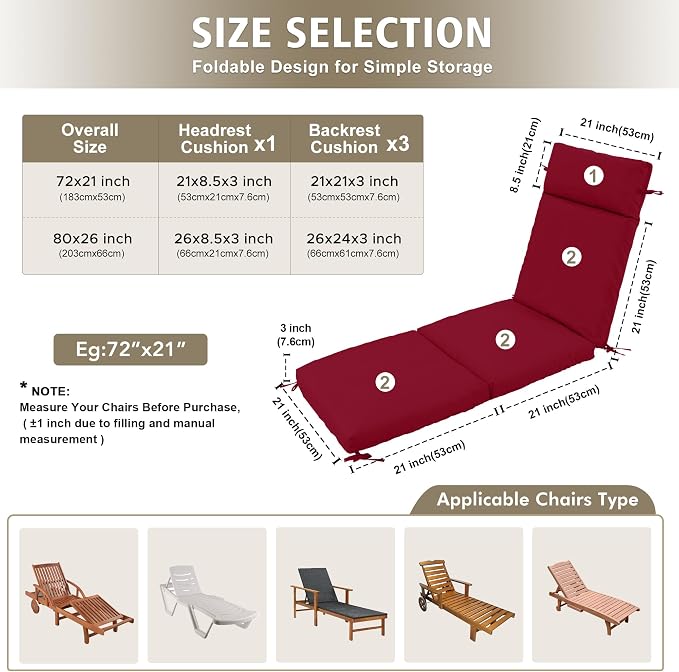 Chaise Lounge Cushion 72x21x3 Inch ?Set of 4 Outdoor Lounge Chair Cushions - Image 2