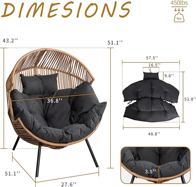 Shintenchi Wicker Egg Chair, Outdoor Indoor Rocking Chair, Large PE Rattan - Image 2