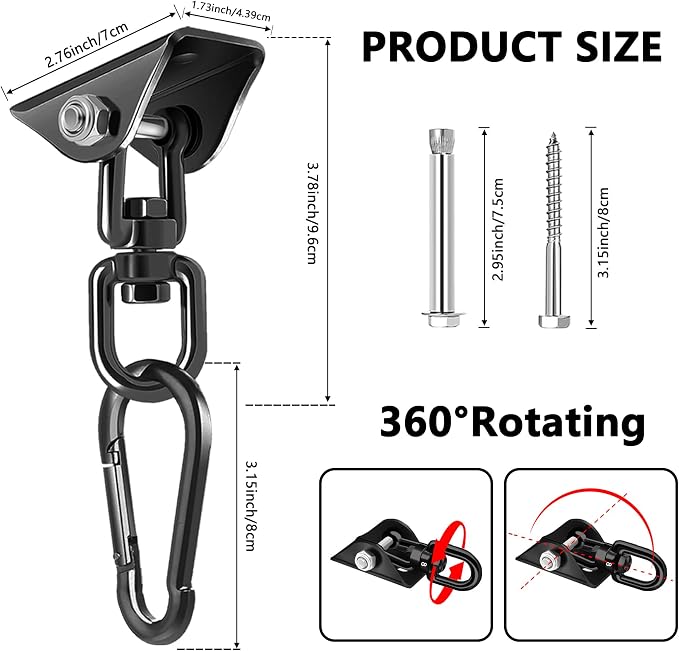 Hammock Hanging Kit, 360° Rotating Heavy Duty Swing Chair Hook 1200 lbs Capacity - Image 2