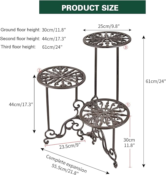 Sungmor Heavy Duty Cast Iron Plant stand, 3 Tier Foldable Metal Plant Shelf - Image 4