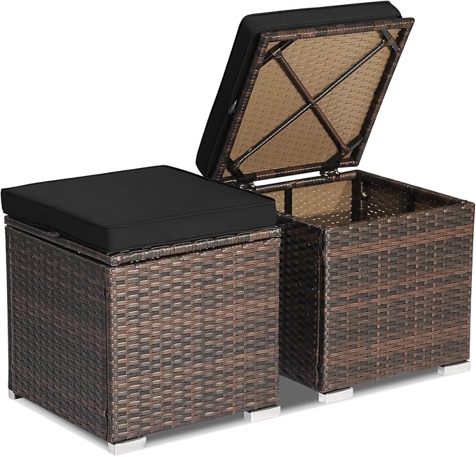 Tangkula 2 Pieces Patio Ottomans, Patiojoy Hand-Woven PE Rattan Side Table by TANGKULA