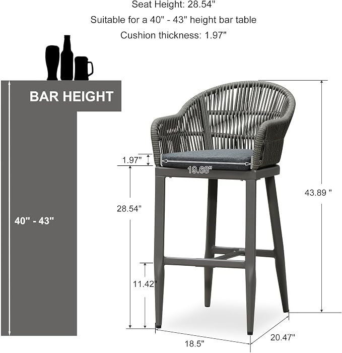 PURPLE LEAF Outdoor Bar Height Stools Set of 2 Patio Metal Modern Wicker Rattan - Image 2
