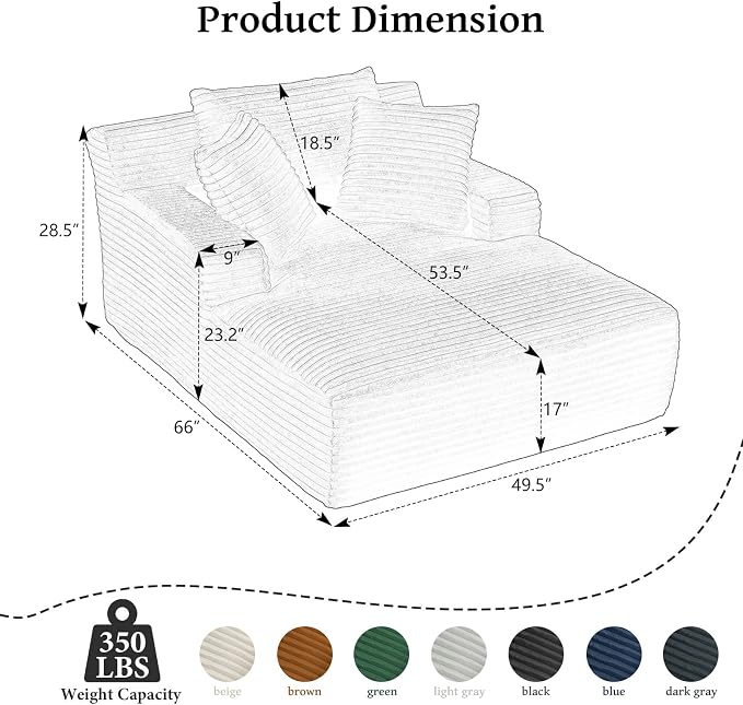 66" Chaise Lounge Chair Indoor, Oversized Boneless Couch Comfy Upholstered - Image 2