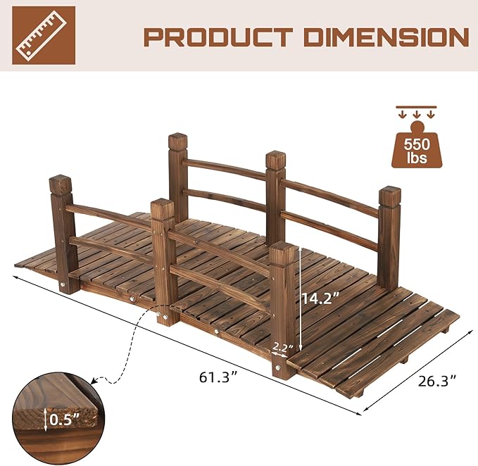 HOMEDIARY 5 FT Fir Wood Garden Bridge, Outdoor Stained Wood Arc Footbridge - Image 2