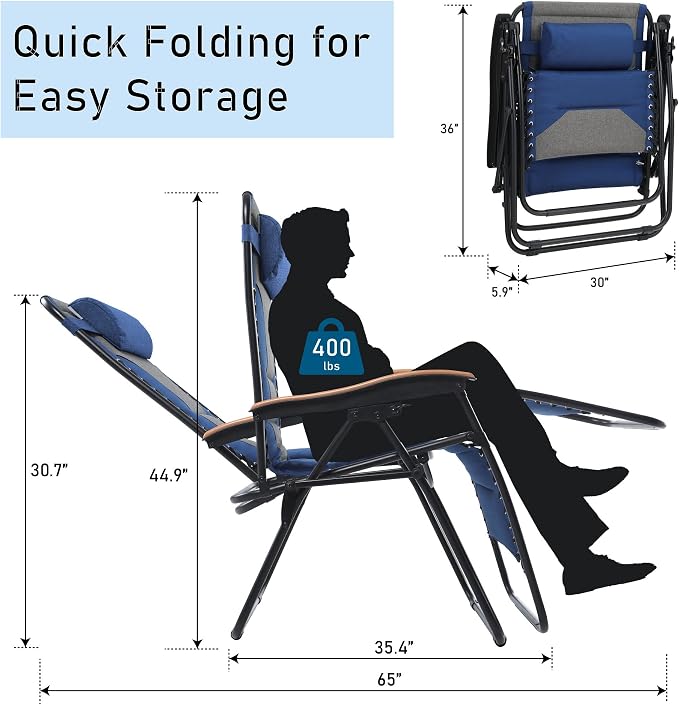 PHI VILLA XXL Oversized Padded Zero Gravity Chair, Foldable Patio Recliner - Image 3