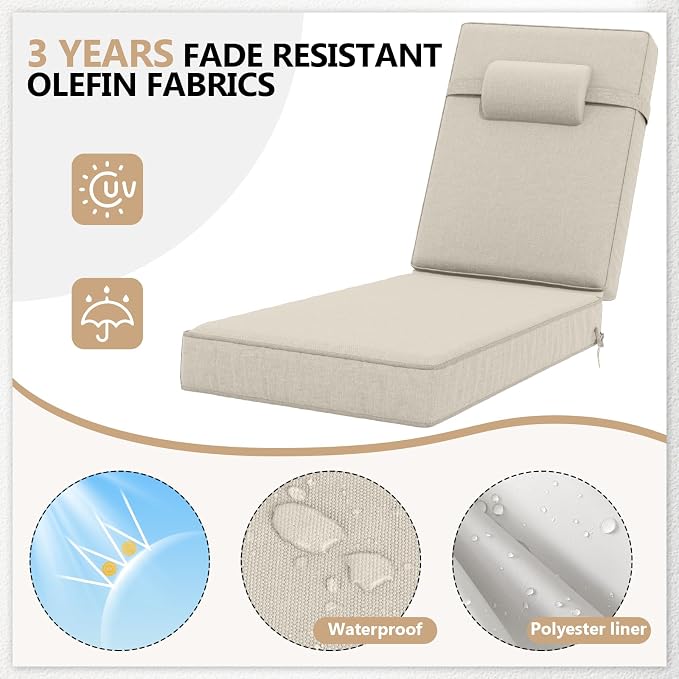 72 x 21 x 4 Inch Olefin Chaise Lounge Cushions, Lounge Chair Cushions - Image 3