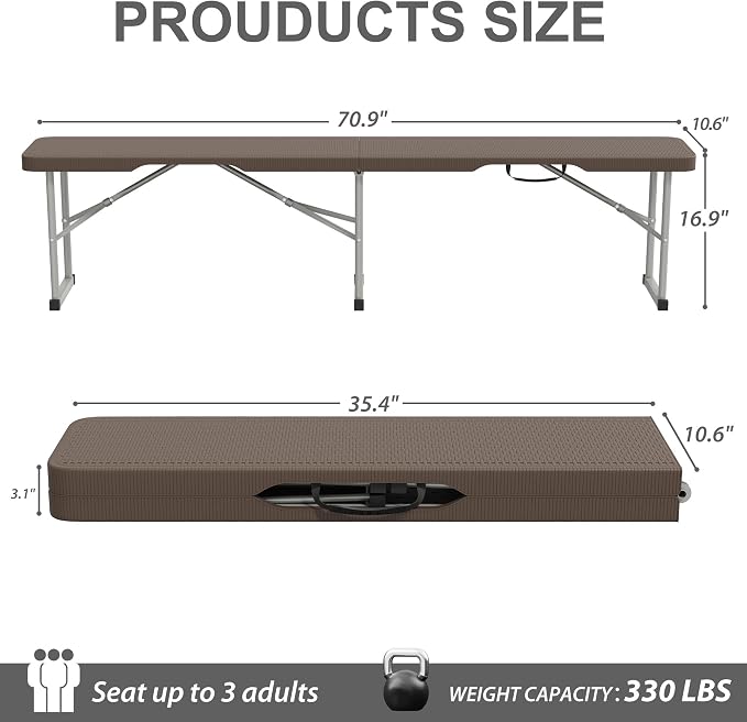 6ft Plastic Folding Bench with Carrying Handle & Lock, Portable Outdoor Bench - Image 3
