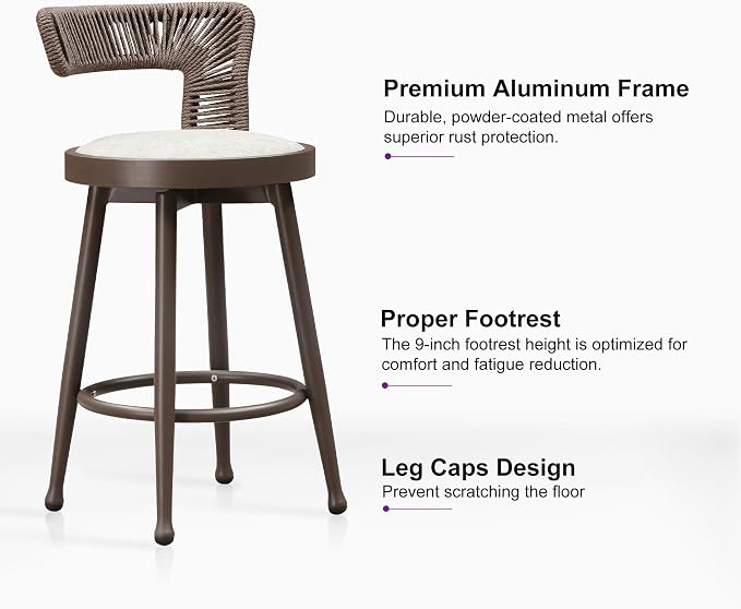 PURPLE LEAF Outdoor Swivel Counter Height Stools Set of 4 Metal Modern Rattan - Image 7