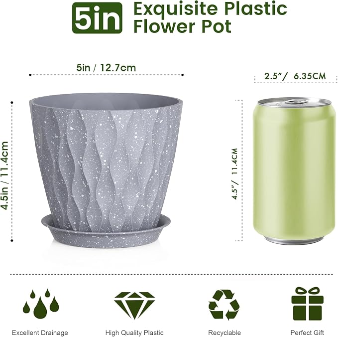 5 inch Plant Pots for Indoor Outdoor Plants, 6 Pack Thick Flower Pots - Image 2