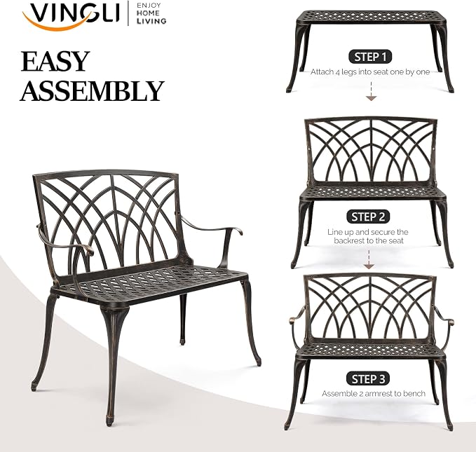 VINGLI 38" Outdoor Metal Bench, Cast Aluminium Garden Bench, Weatherproof - Image 6