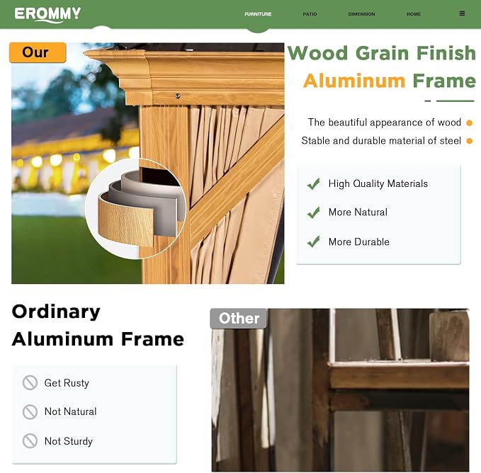 EROMMY 12' x 12' Gazebo, Wooden Finish Coated Aluminum Frame Canopy - Image 2