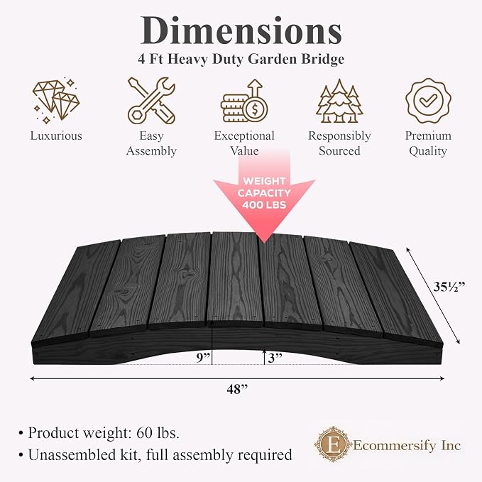 4 FT Black Amish Made Pinewood Heavy Duty Garden Bridge - Image 2