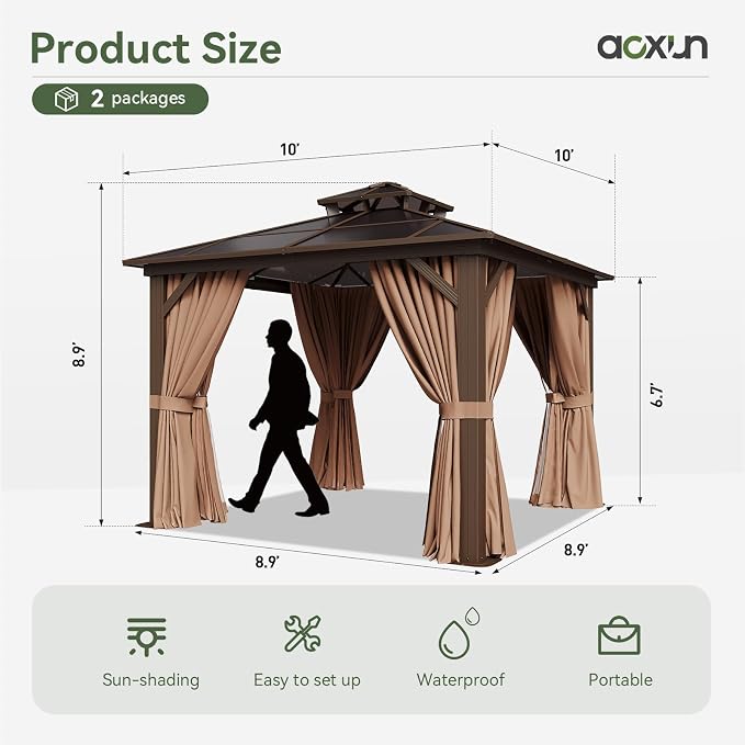 Aoxun 10'x10' Hardtop Gazebo, Outdoor Polycarbonate Double Top Canopy, Aluminum - Image 3
