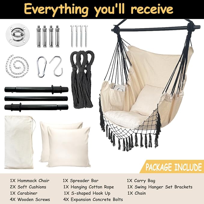 Hammock Chair Hanging Rope Swing Chair, Max 450 Lbs, Large Hanging Chair - Image 3