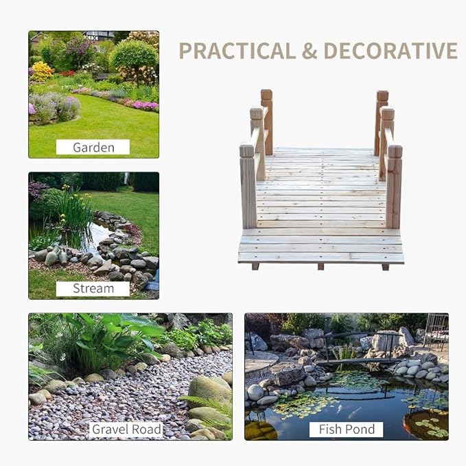 5FT Wooden Garden Bridge with Handrails, Decorative Landscape Footbridge - Image 4