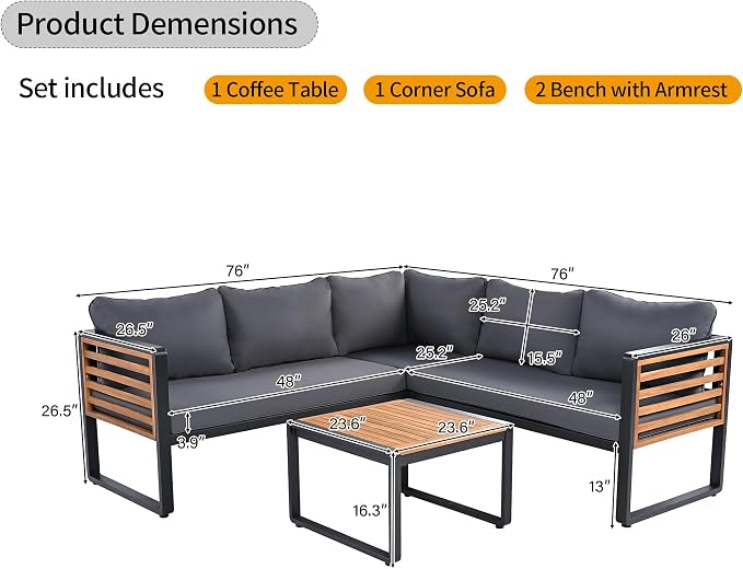 4 Pieces Outdoor Patio Conservation Set, Metal and Wood Frame Sectional - Image 5