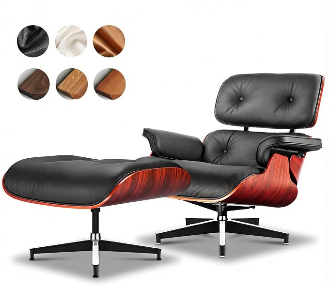 Top Black Grain Leather, Mid Century Chaise Lounge Chair and Ottoman, Modern by MakeHomeBetter