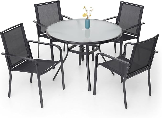 5-Piece Outdoor Patio Dining Set, 40-Inch Round Glass Table by Anmutig