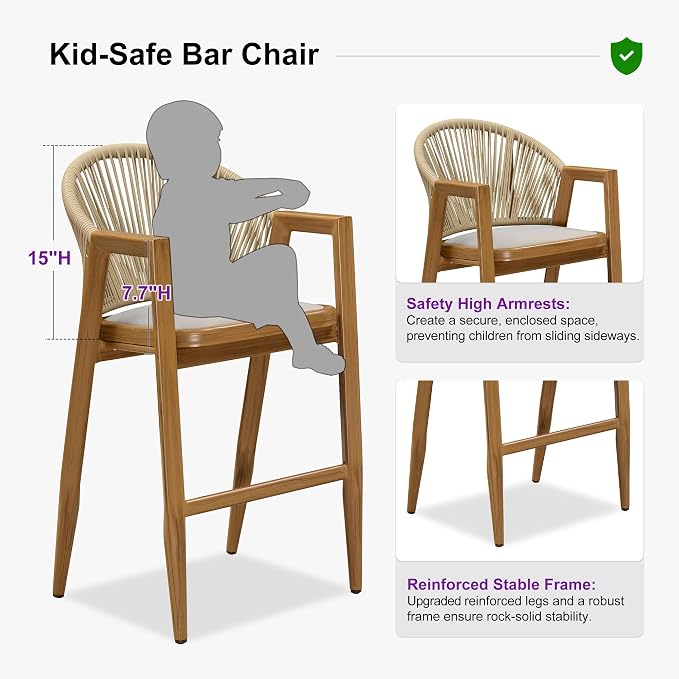 PURPLE LEAF Outdoor Barstools Set of 2 Wicker Bar Stools Woven Bar Height Stool - Image 4