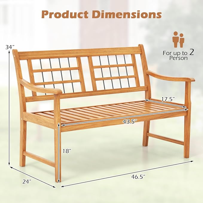 HAPPYGRILL Outdoor Acacia Wood Bench, 2-Person Patio Bench - Image 3