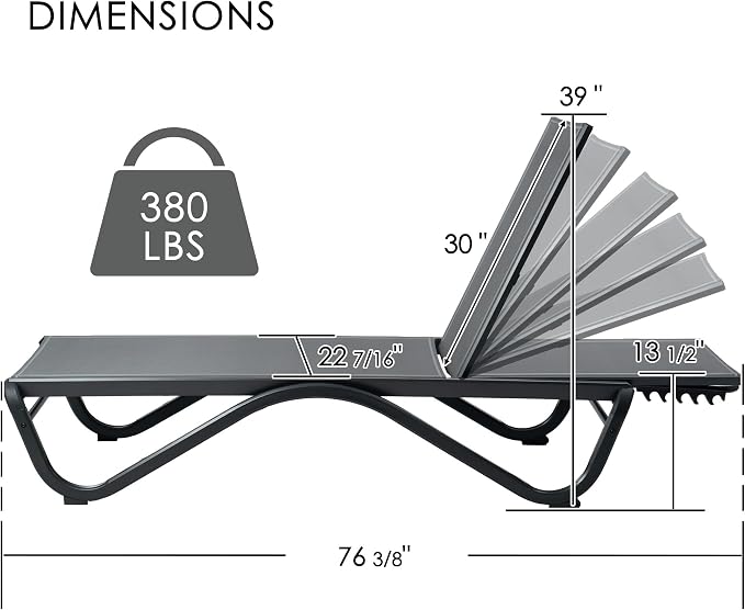 Kozyard Outdoor Chaise Lounge Chair, Full Flat Adjustable Patio Lounger - Image 2