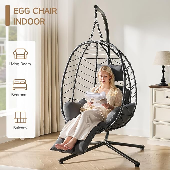 ONBRILL Hanging Egg Chair with Adjustable Footrest & Stand, Wicker Rattan Swing - Image 5