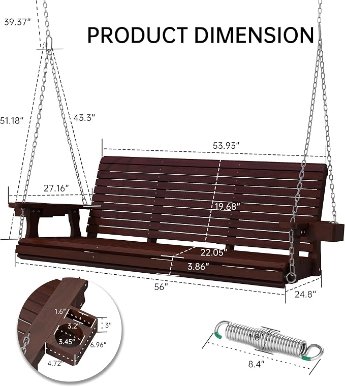 Wooden Outdoor Porch Swing, 3 Seater Front Porch Swing - Image 2