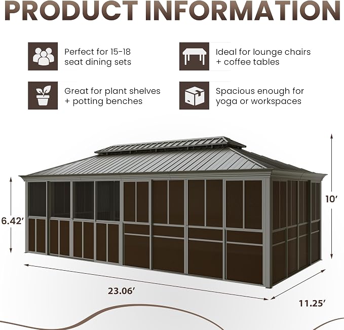 EROMMY 12' X 24' Hardtop Sunroom, Galvanized Steel Double Roof Gazebo Solarium - Image 2