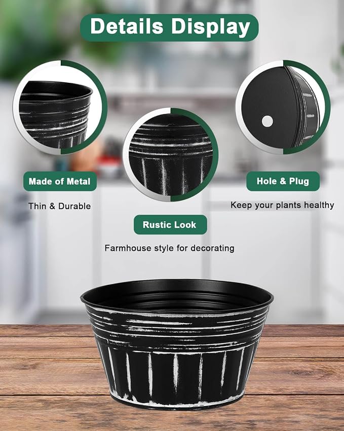 vensovo 10 Inches Black Metal Rustic Plant Pots - Image 3